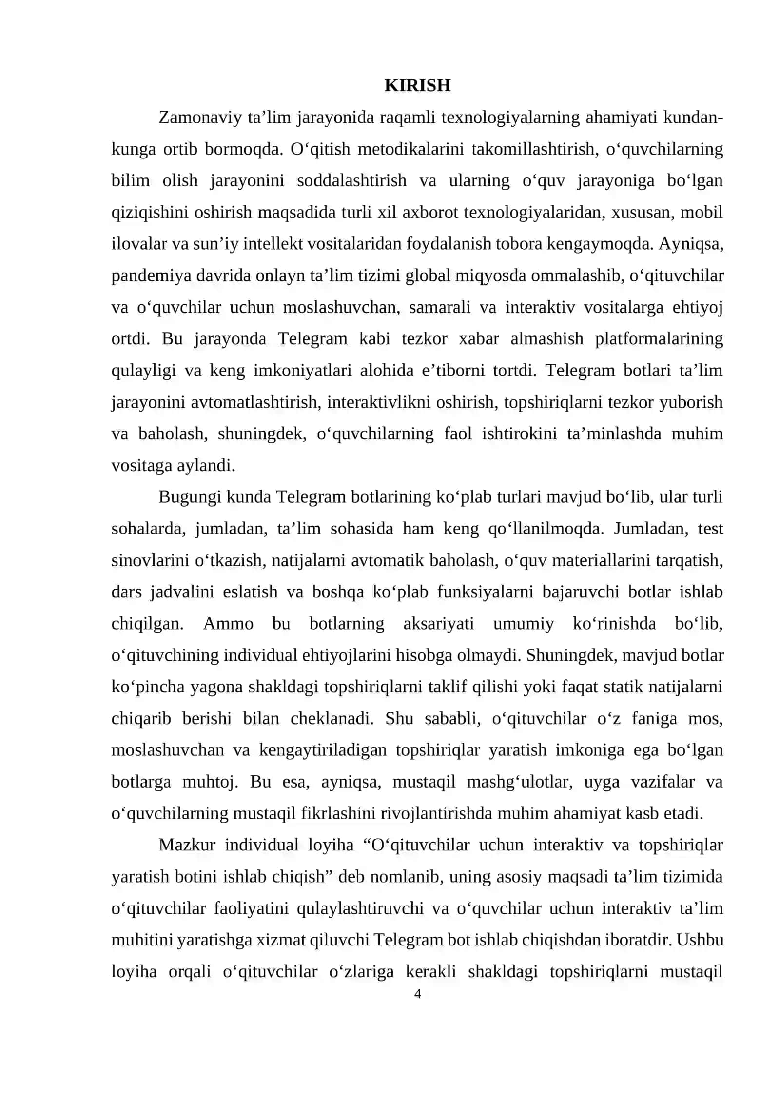 “O‘qituvchilar uchun interaktiv va topshiriqlar yaratish botini ishlab chiqish” 4