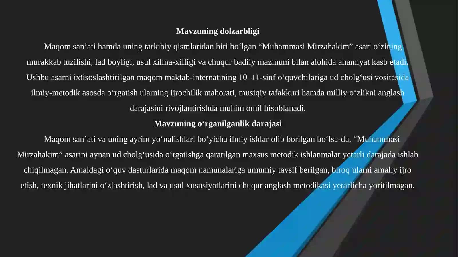 "Ixtisoslashtirilgan maqom maktab-internatining 10-11-sinf o‘quvchilariga “Muhammasi Mirzahakim” asarini ud cholg‘usida o‘rgatish metodikasi" 4