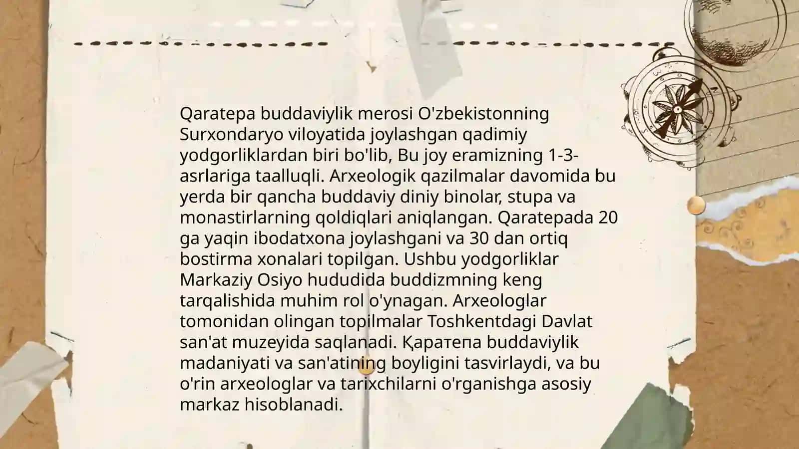 Oʻzbekistonda buddaviylik dinining tarixiy ildizlari ( Qaratepa, Fayoztepa, Dalvarzintepa ) va hozirgi zamon 4