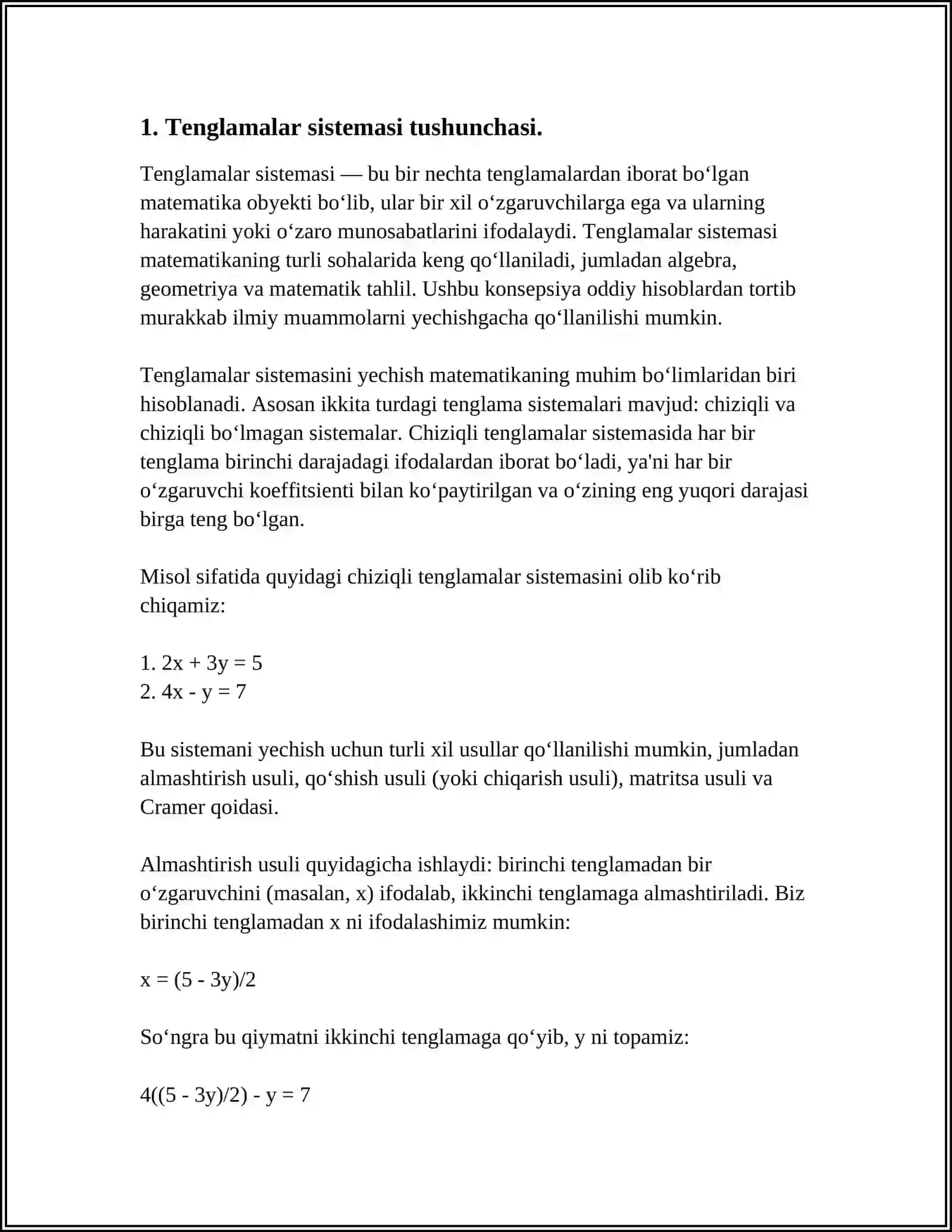 EKONOMETRIKADA QO’LLANILADIGAN TENGLAMALAR SISTEMASI HAQIDA TUSHUNCHA. TENGLAMALAR SISTEMASI TURLARI 4