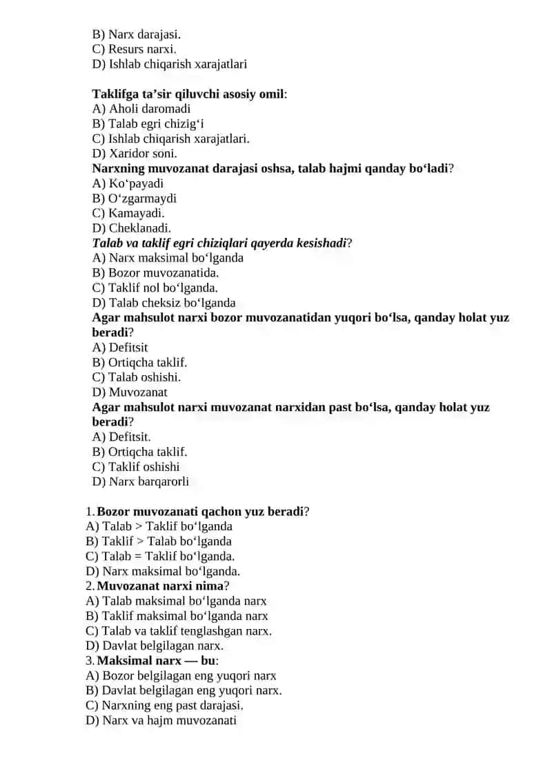 Mikroiqtisodiyot fanidan test savollari 4