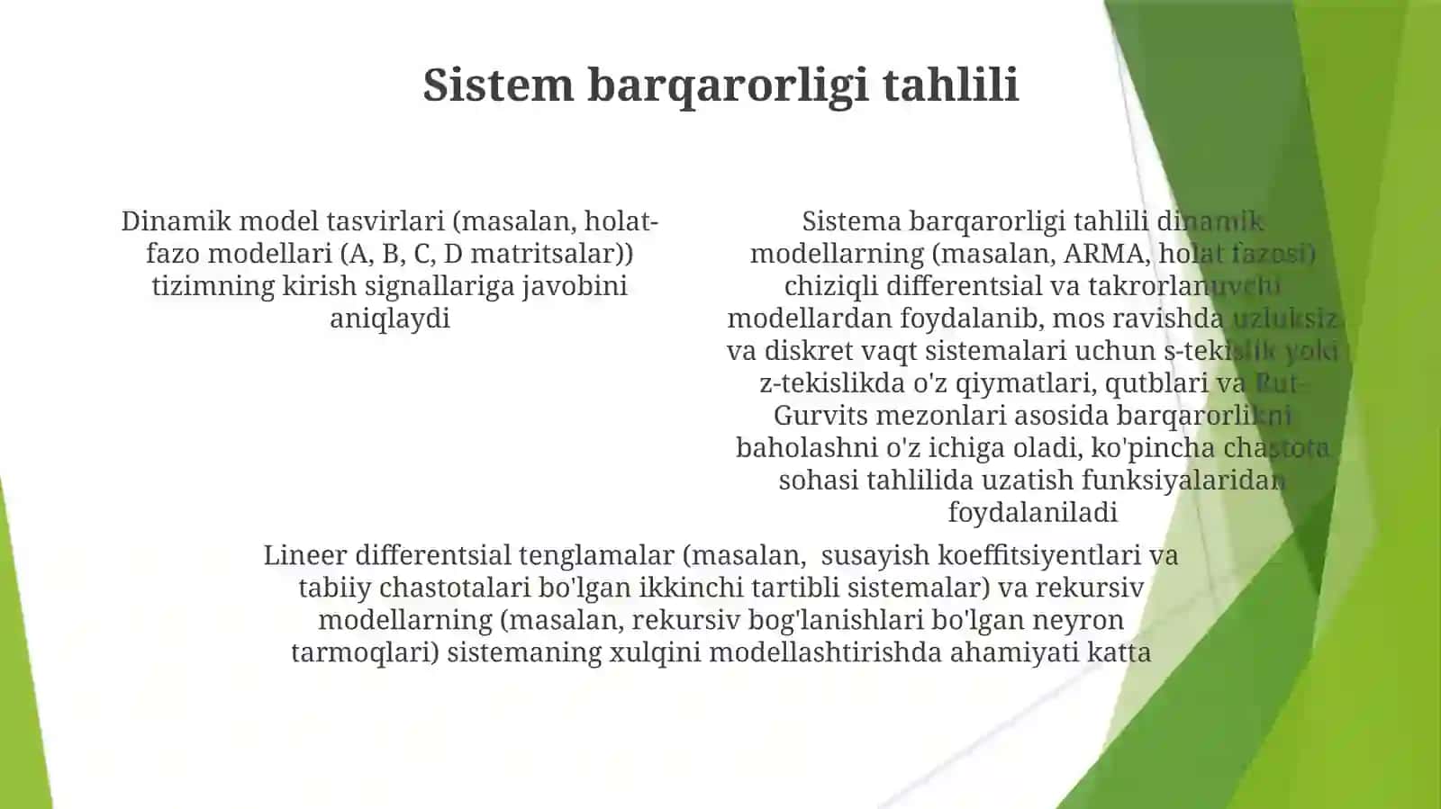 Dinamik modellar. Chiziqli differensial va rekurrent modellar. Vazn funksiya, chastota tavsifi 4