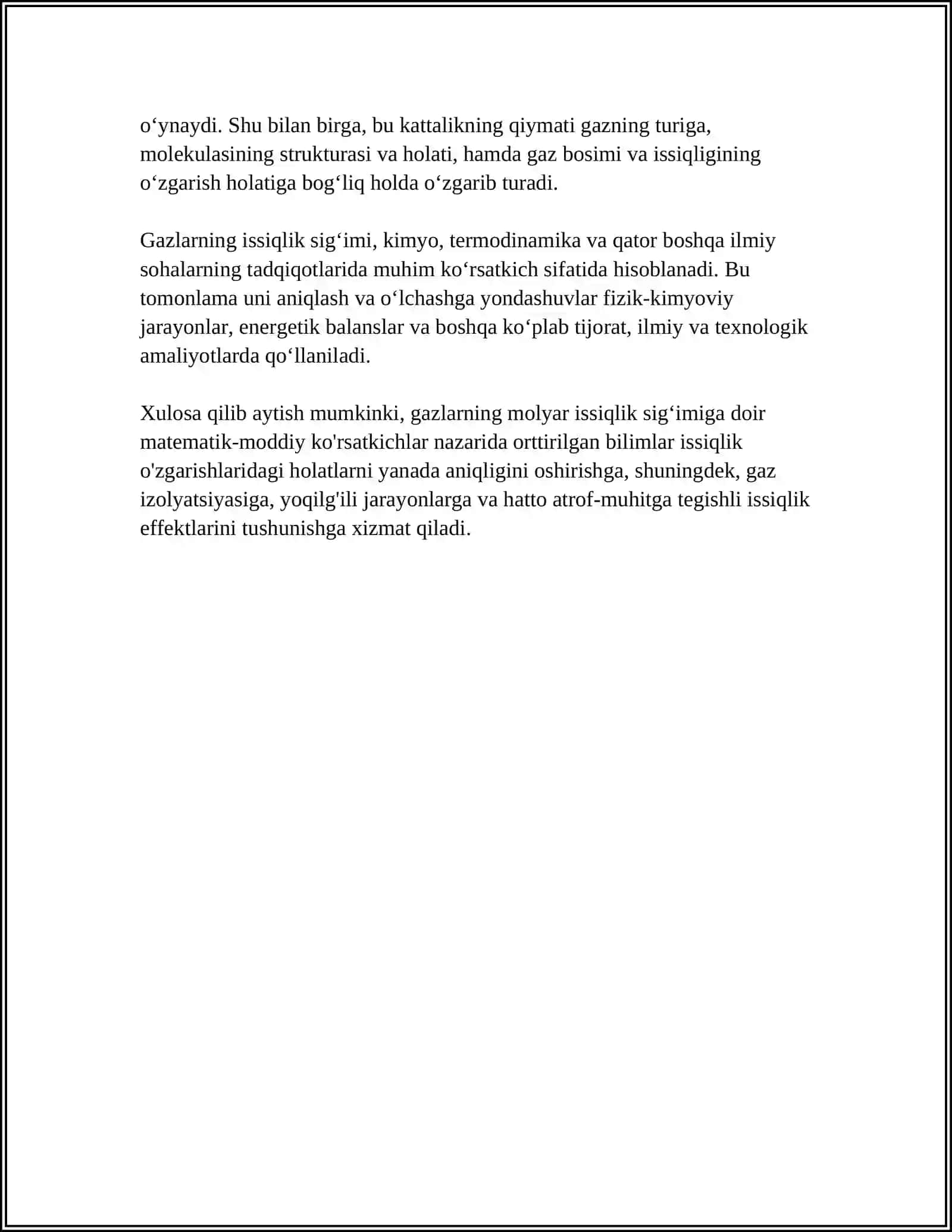 GAZLARNING MOLYAR VA SOLISHTIRMA ISSIQLIK SIGʻIMI VA ENERGIYANING TENG TAQSIMOT QONUNI 4