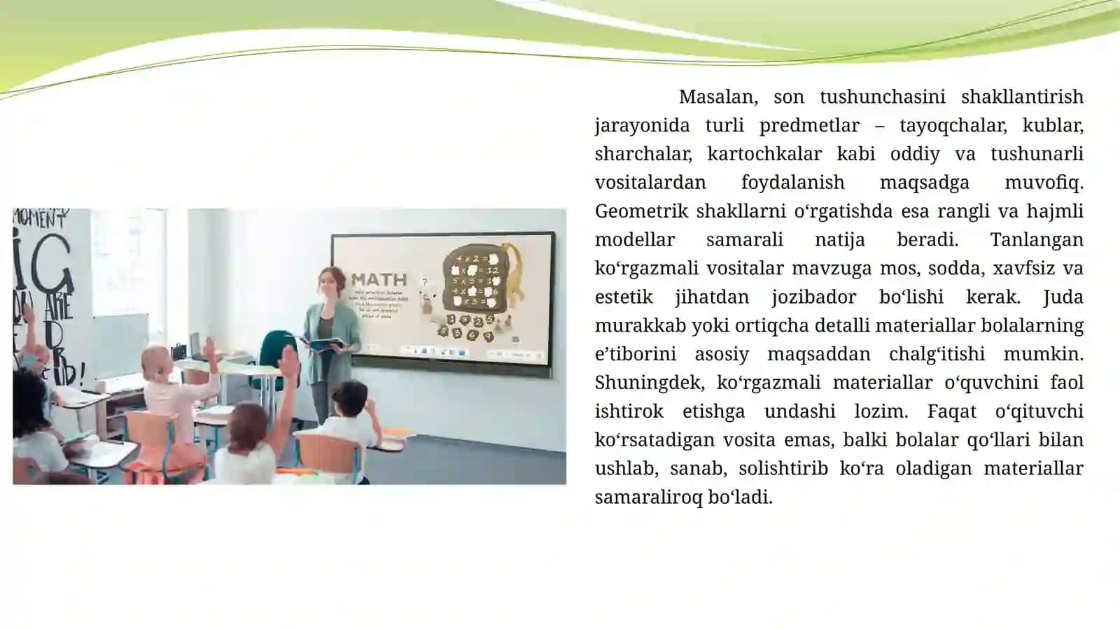 Matematika mashg‘ulotlarida ko‘rgazmali materiallar tanlash, tayyorlash va matematik tasavvurlarni shakllantirishda ko‘rgazmali materiallarning ahamiyati 4