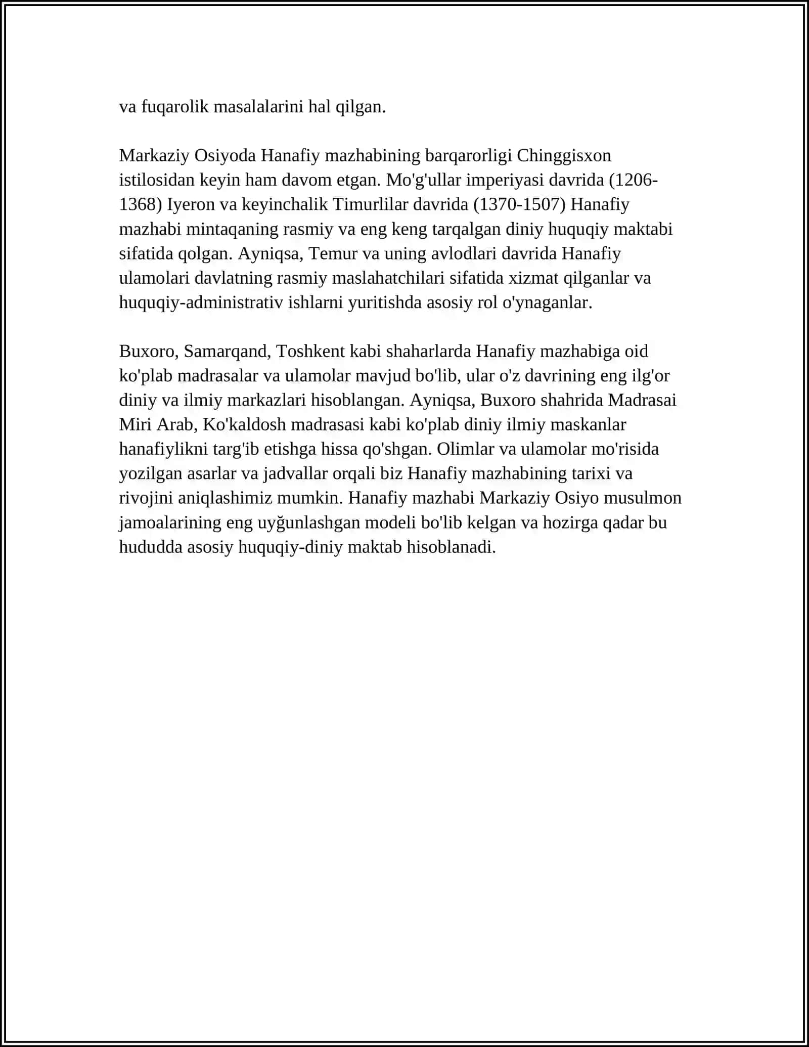 HANAFIY MAZHABI RIVOJIDA MARKAZIY OSIYO FAQIHLARINING ROLI VA HISSASI 4