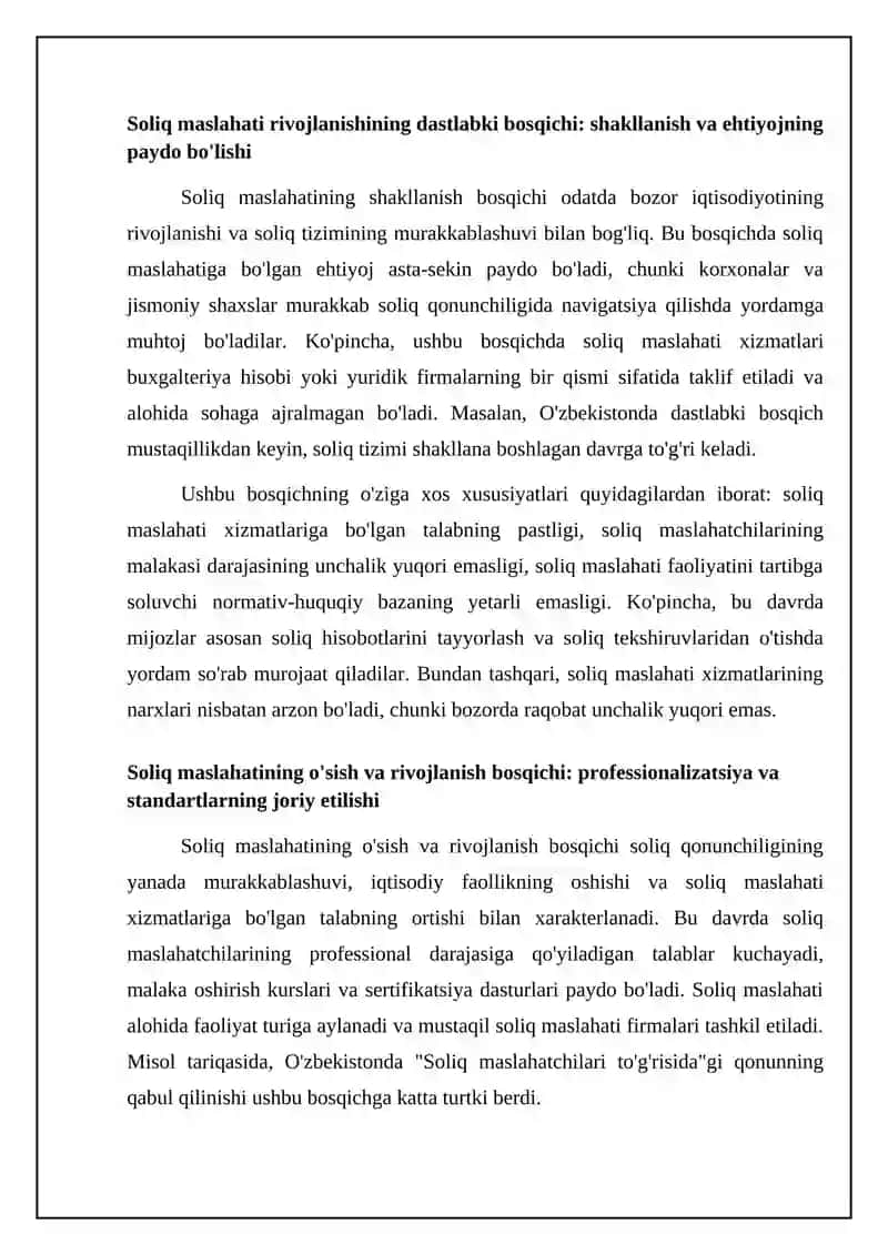 Soliq maslahati rivojlanishining bosqichlari va ularning xususiyatlari 4