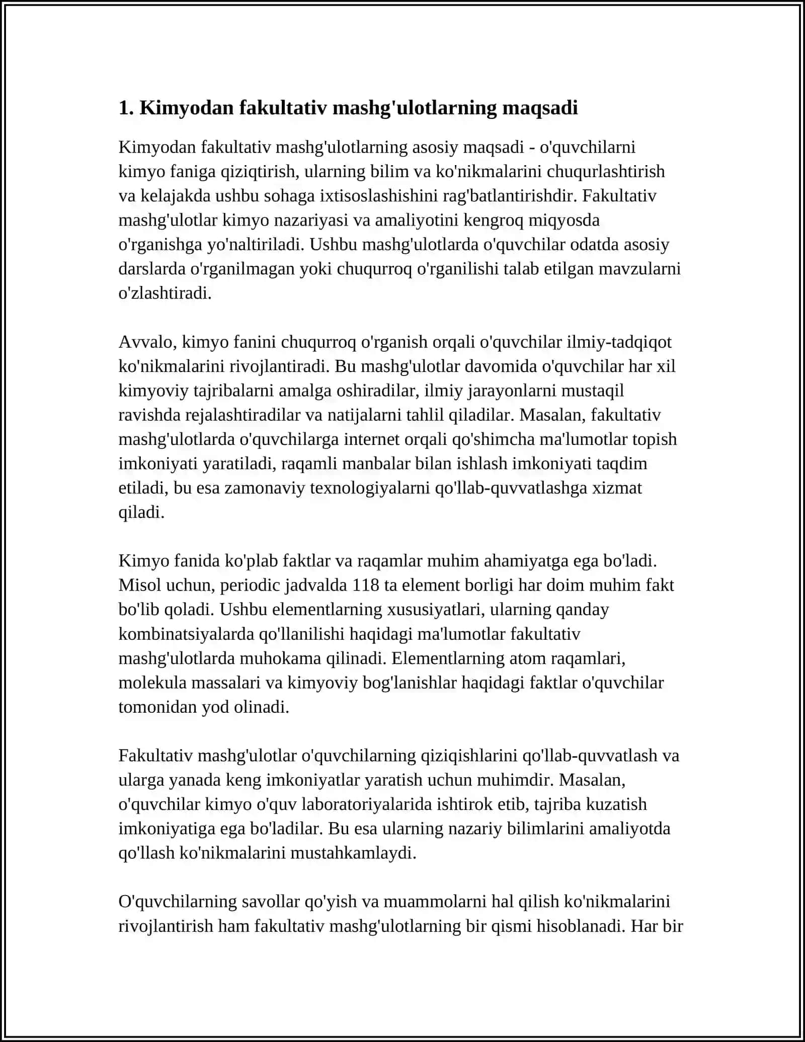 KIMYODAN FAKULTETIV MASHGULOTLAR FAKULTETIV KURSLARNI MAQSADI VA VAZIFALARI FAKULTETIV MASHGULOT TURLARI FAKULTETIVLARNI MAZMUNI FAKULTETIV KURSLARNI OQITISH METODLARI 4