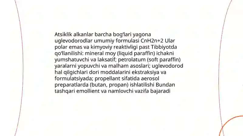 Uglevodorodlar,atsiklik alkanlar galogen xosilalari, spirtlar, aldegidlar va uglevodlarning tibbiyotda qollaniladigan preparatlari 4