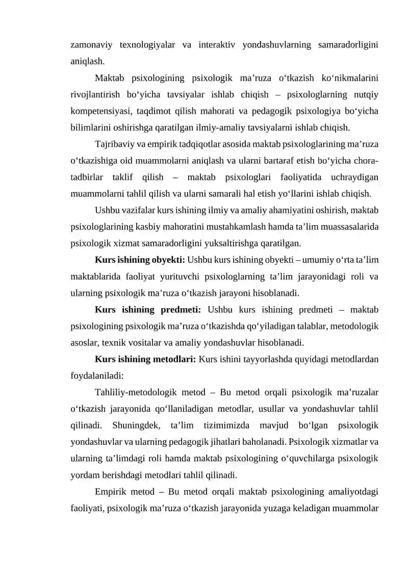 MAKTAB PSIXOLOGINING PSIXOLOGIK MAʼRUZA OʻTKAZISHIGA QOʻYILADIGAN TALABLAR KURS ISHI 4