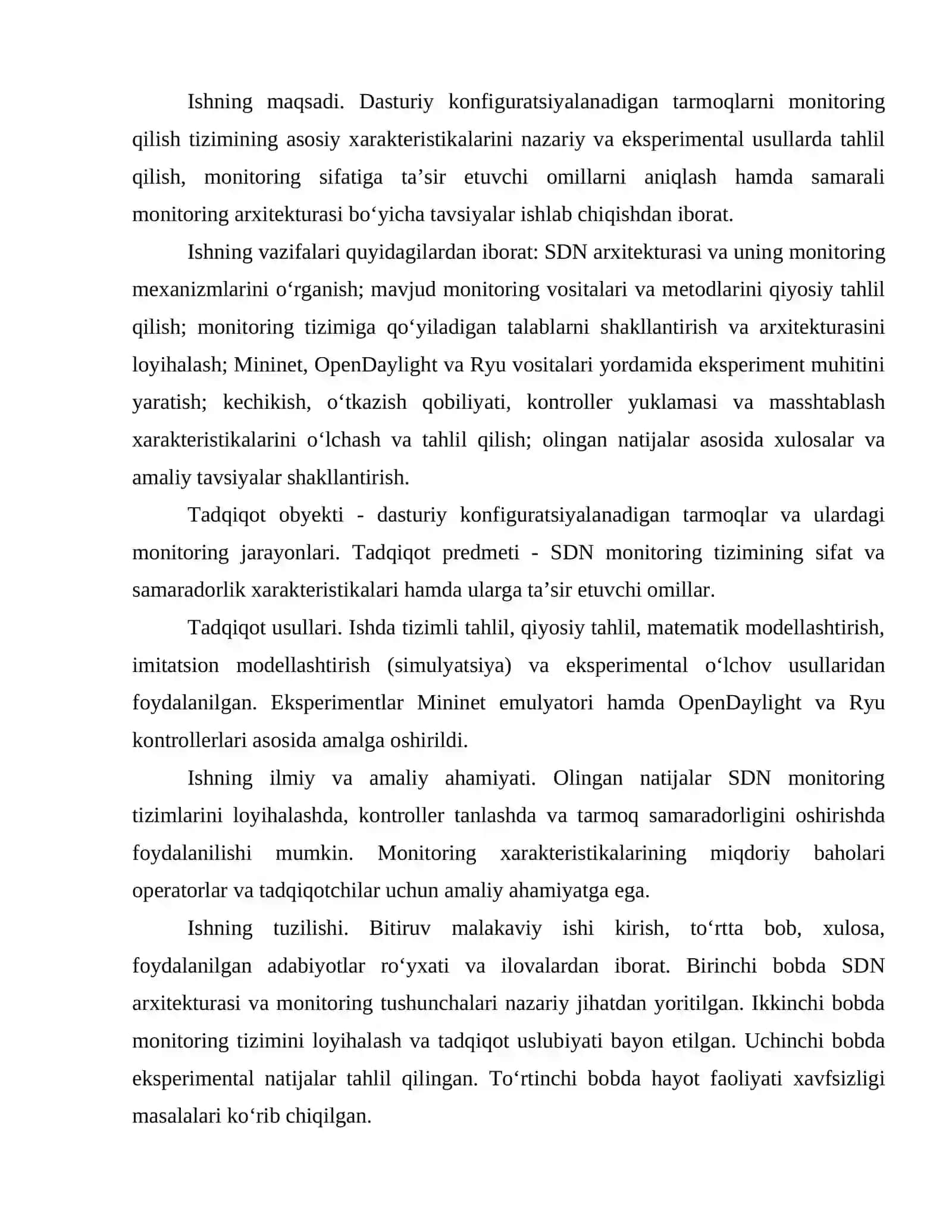 Dasturiy konfiguratsiyalanadigan tarmoqlarni monitoring qilish tizimi xarakteristikalarini tahlil qilish 4