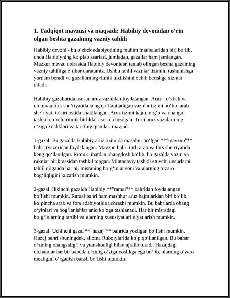 Habibiy devonidan Ôrin olgan gazallardan Beshtasini Vazniy Taxlil qilsh shu mavzuda Mustaqil ish qilib berin 4