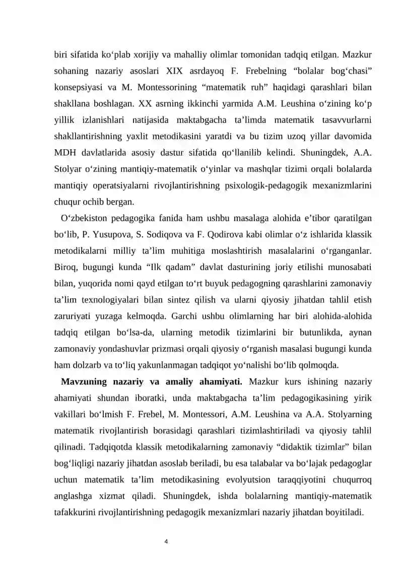 M. Montessori, F. Frebel, A.M. Leushina va A.A. Stolyarning maktabgacha yoshdagi bolalarning matematik rivojlanishiga oid zamonaviy yondashuvlari. 4