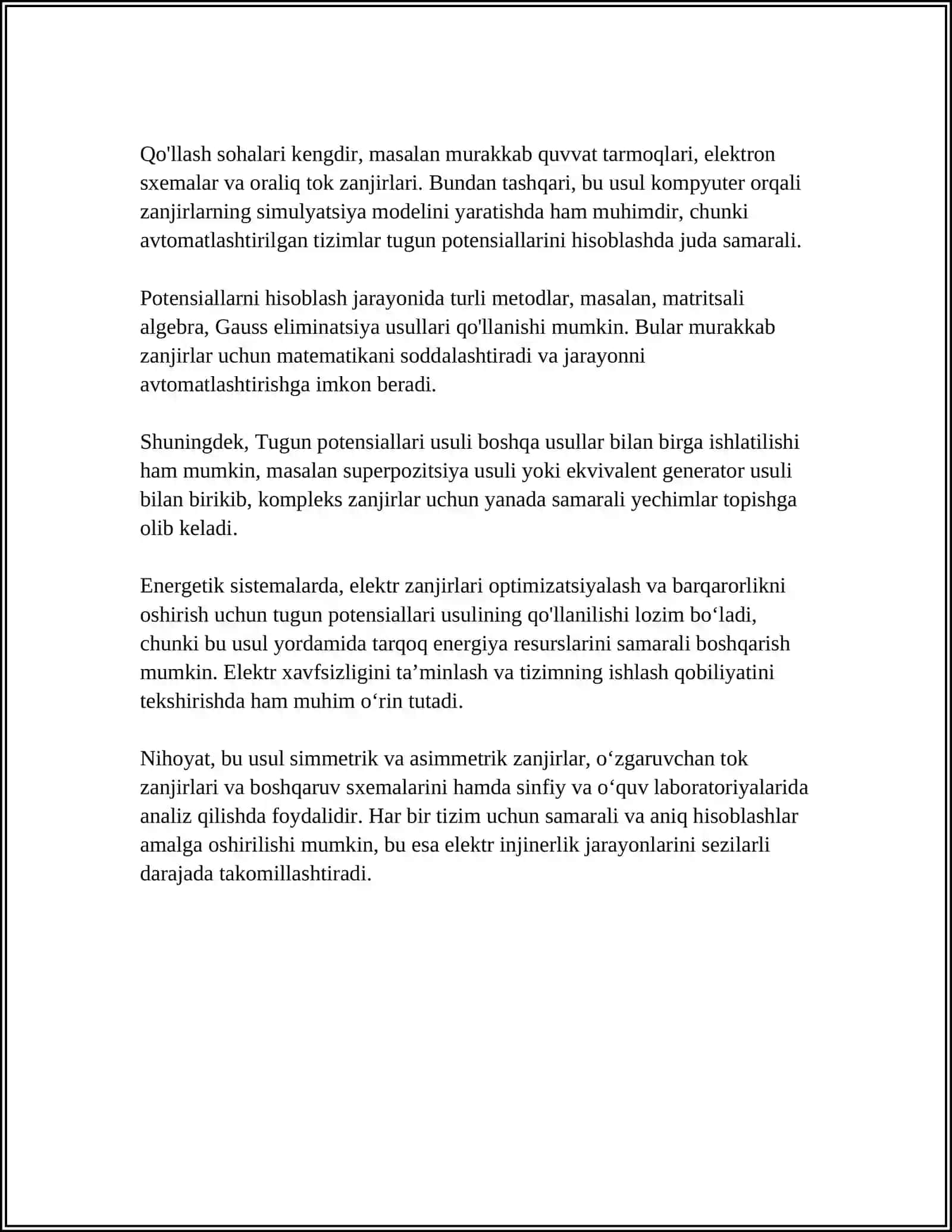 MURAKKAB ELEKTR ZANJIRLARINI HISOBLASHNING TUGUN POTENSIALLARI, USTMA -USTLASH (SUPERPOZITSIYA) VA EKVIVALENT GENERATOR USULLARI 4