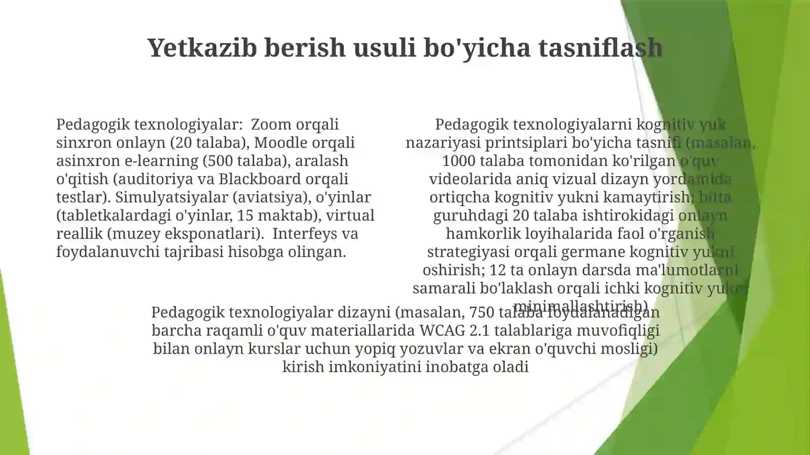 Pedagogik texnologiyalar tasnifi hamdaloysi 4