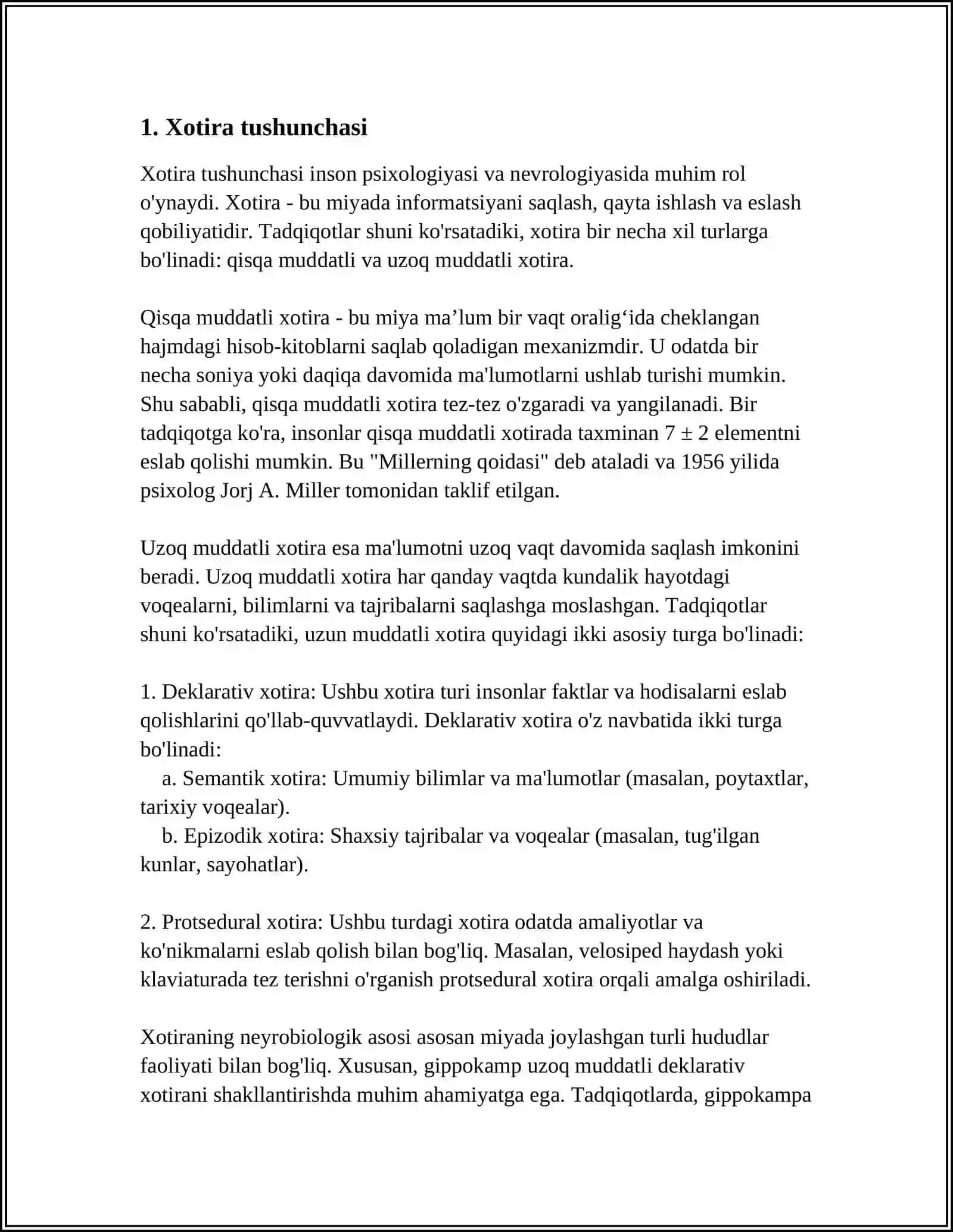 M6 XOTIRA, XOTIRANING NERV FEZIOLOGIK ASOSLARI. FAOLIYATNING INTERIORIZATSIYASI. MEHNAT FAOLIYATINING XUSUSIYATLARI 4