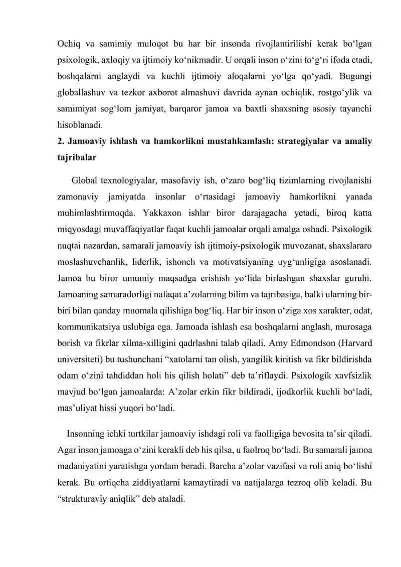 Ochiq va samimiy muloqot hamda jamoaviy ishlashni rivojlantirish: samarali strategiyalar. 4
