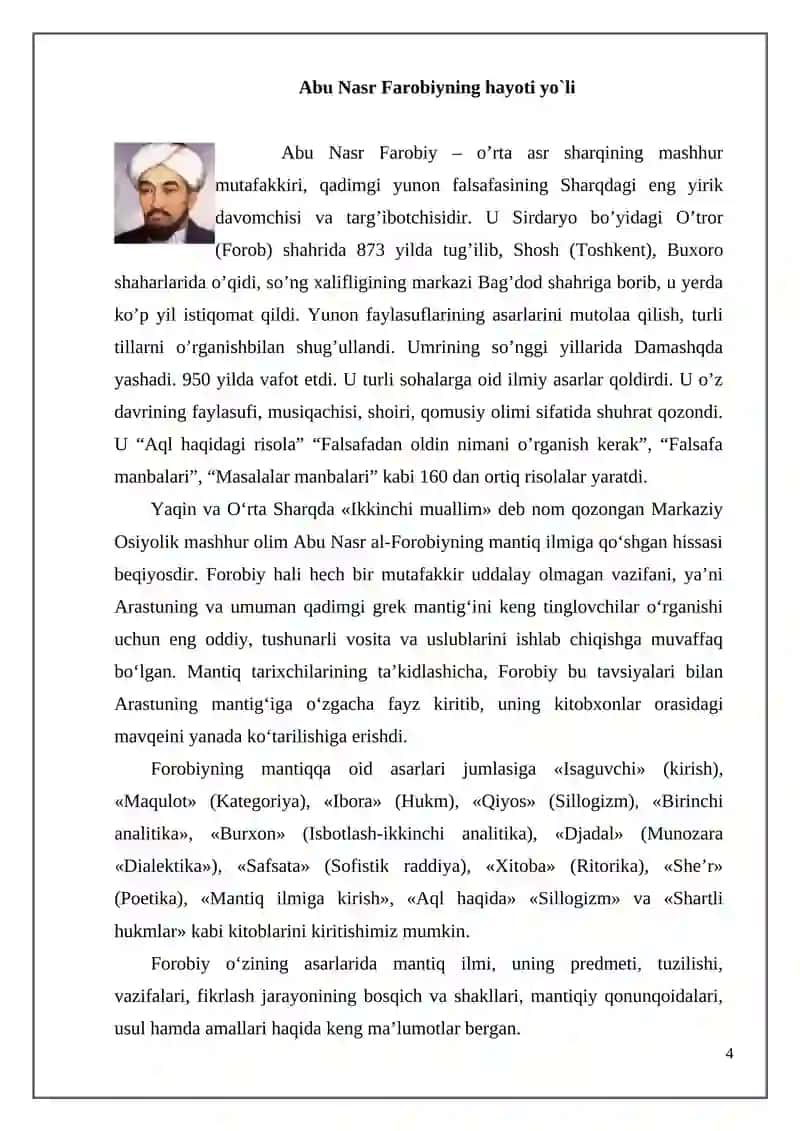 Abu Nasr Farobiyning hayoti yo`li Abu Nasr Forobiyning ilmiy merosi 4