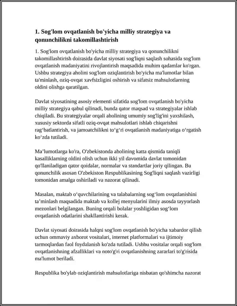 SOG'LOM OVQATLANISH SOHASIDAGI DAVLAT SIYOSATI. OZIQLANISH FANINI RIVOJLANTIRISHNING ASOSIY YO'NALISHLARI 4