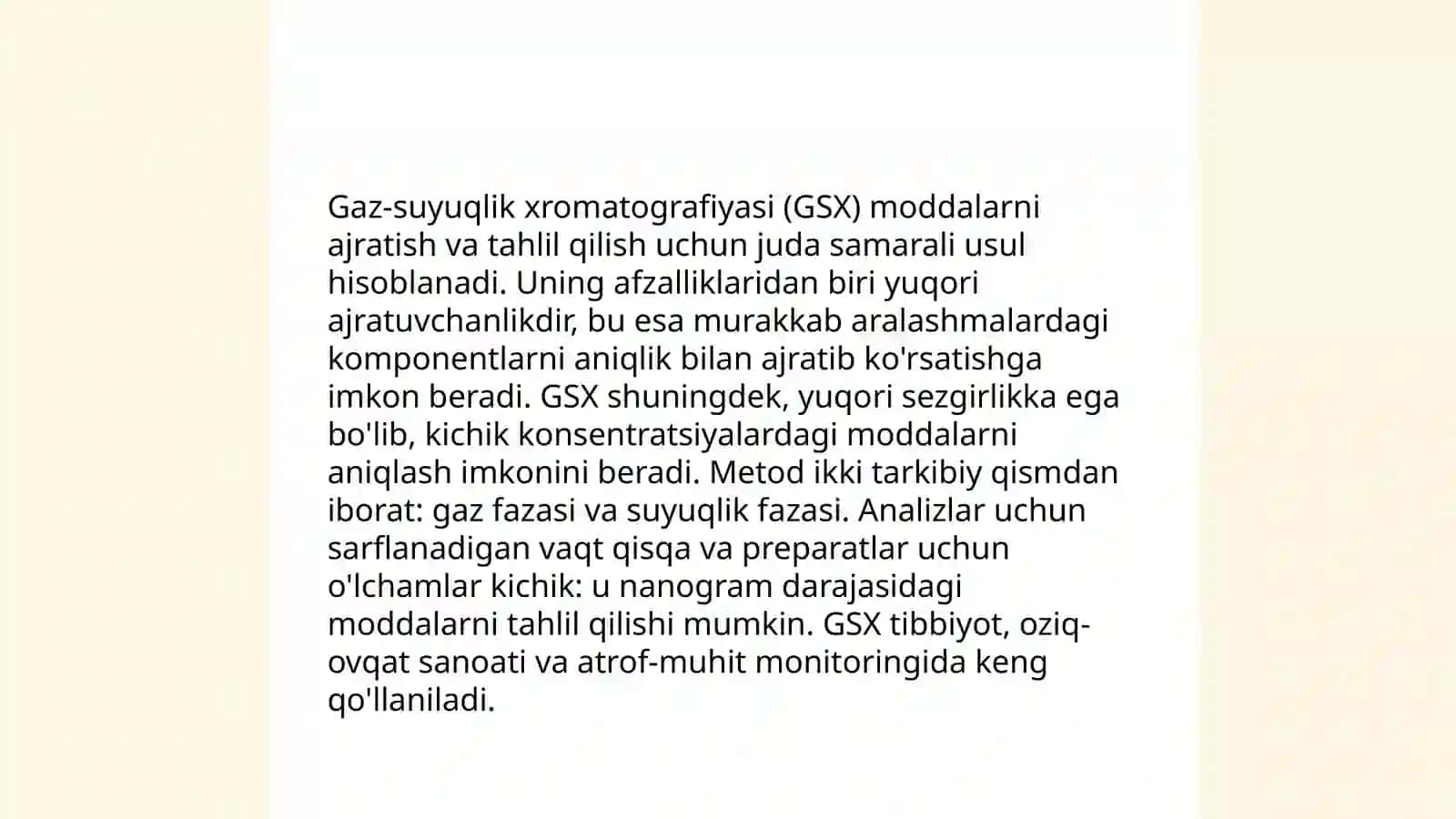 Gaz va gaz -suyuqlik xromotografiyasi usullari tahlil qilish uslubi 4