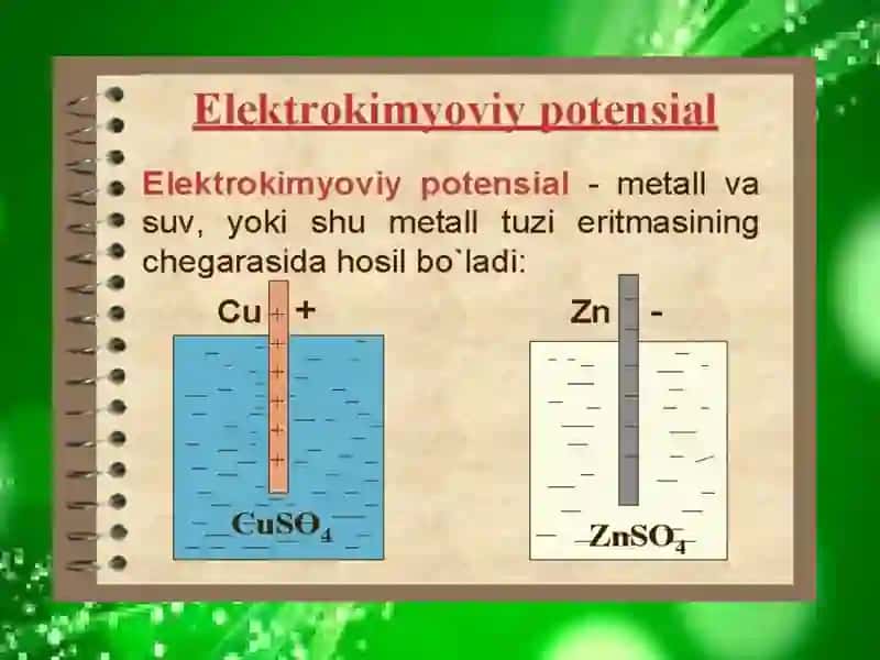 Elektrokimyo, eritma va suyuqlanmalarda boradigan jarayon. 4