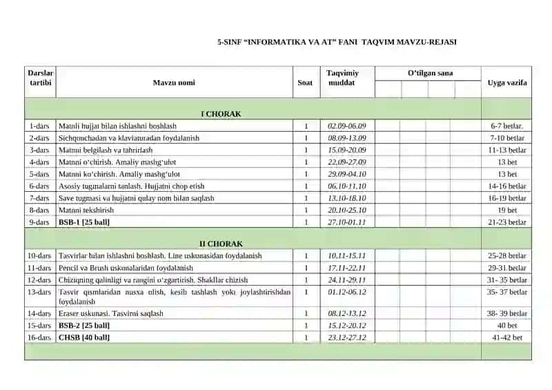 5-SINF “INFORMATIKA VA AT” FANI TAQVIM 4