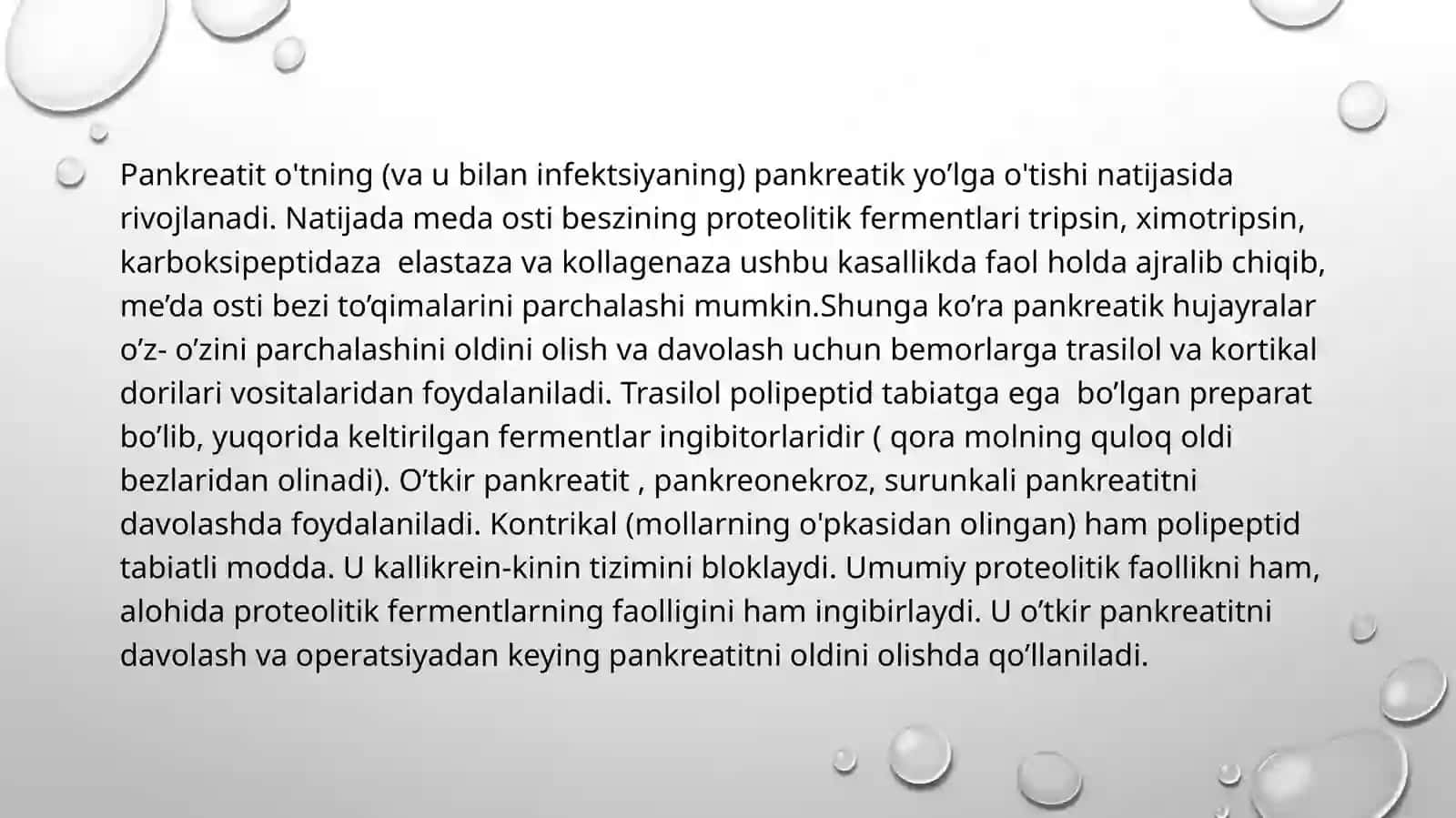 Pankreatit rivojlanishining biokimyoviy asoslari, davolash va diagnostika tamoyillari, ingichka ichakda parchalanish mahsulotlari so'rilishining buzilishi (seliakiya), kronk kasalligi va yarali kolit rivojlanishining biokimyoviy asoslari 4