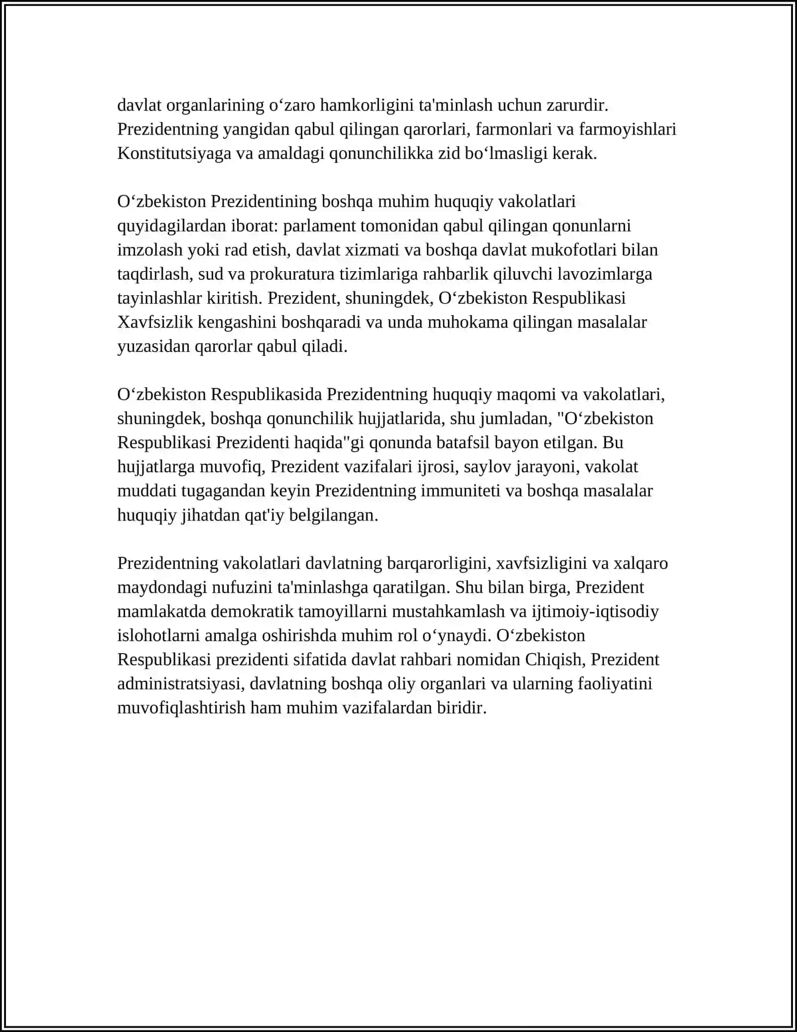 O'ZBEKISTON RESPUBLIKASI PREZIDENTINING HUGUGIY HOLATI 4