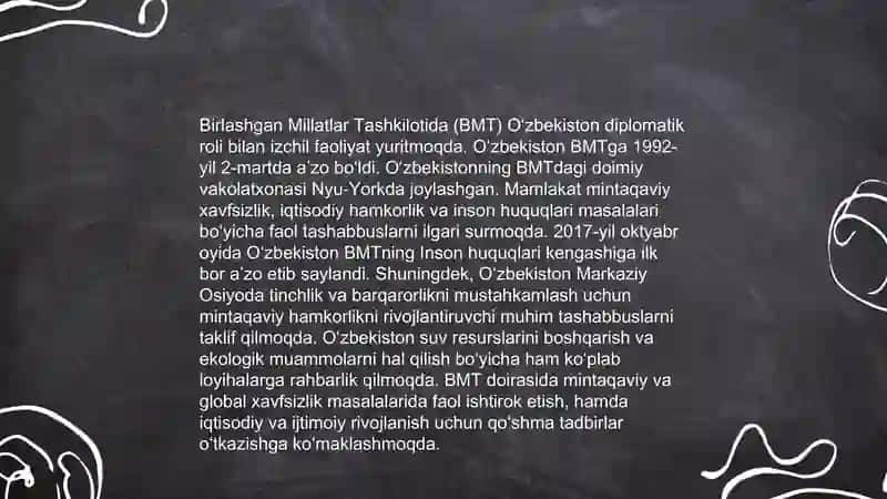 O‘zbekiston Respublikasining BMTga a’zo bo‘lishi hamda jahon hamjamiyatidagi o‘rni va nufuzini ortib borishi. 4