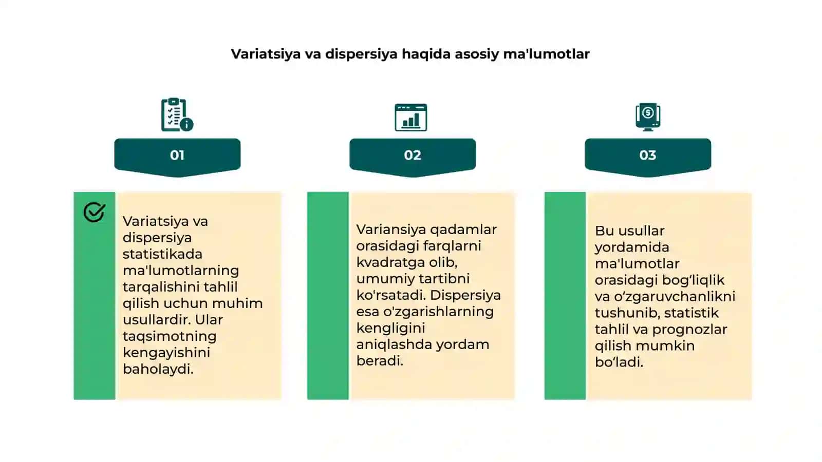 Statistikada variatsiyani baholash usullari va dispersion tahlil asoslari 4