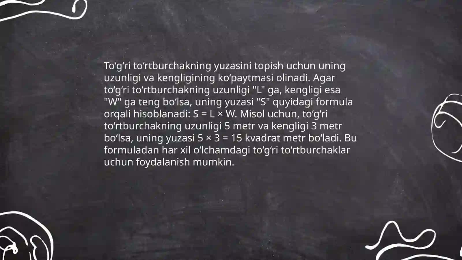 To‘g‘ri to‘rtburchak va kvadratning perimetrini, yuzaga doir masalalar yechishga o‘rgatish 4