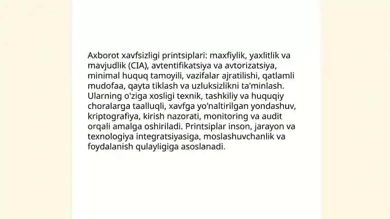 Axborot xavfsizligining taminlash, nazariy asoslarining oʻziga xos jihatlari 4