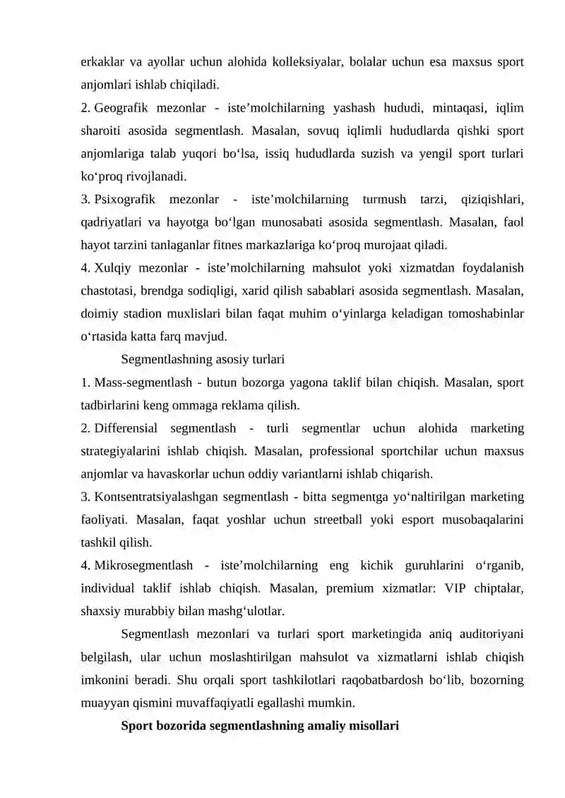 Jismoniy tarbiya va sport marketingida bozorni segmentlash 4
