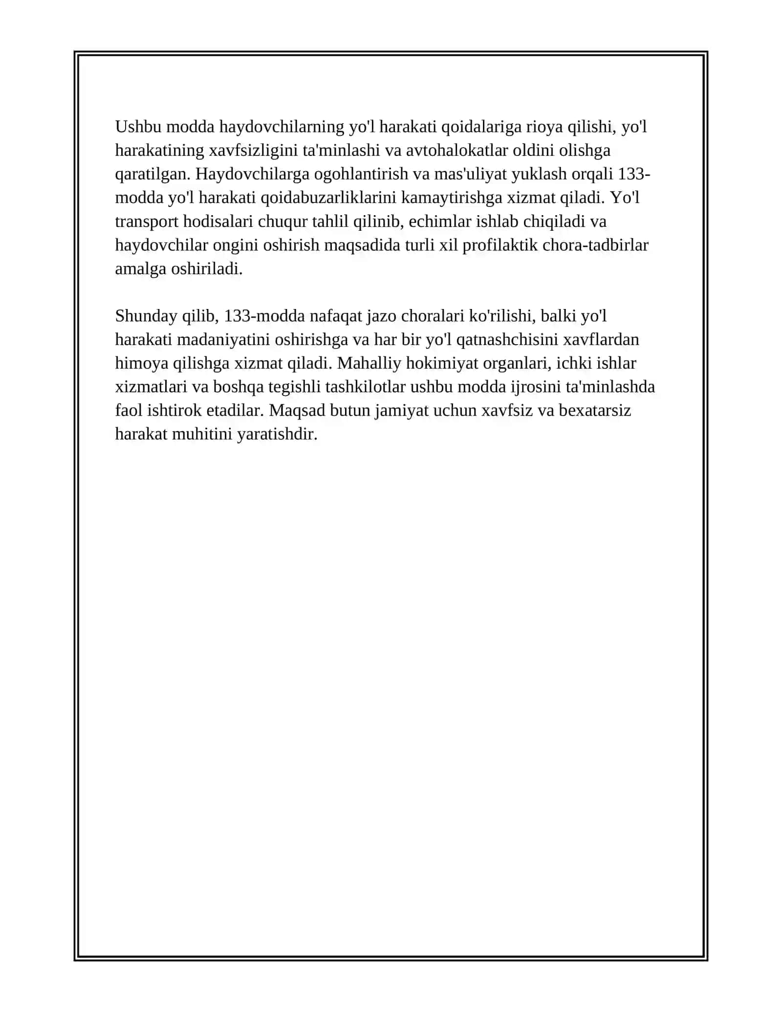 MJTK NING 133-MODDASI BOʻYICHA TRANSPORT VOSITALARI HAYDOVCHILARINING YOʻL HARAKATI QOIDALARINI BUZISHI JABRLANUVCHIGA YENGIL TAN JAROXATI YOKI ANCHA MIQDORDA MODDIY ZARAR YETKAZILISHIGA OLIB KELISHI 4