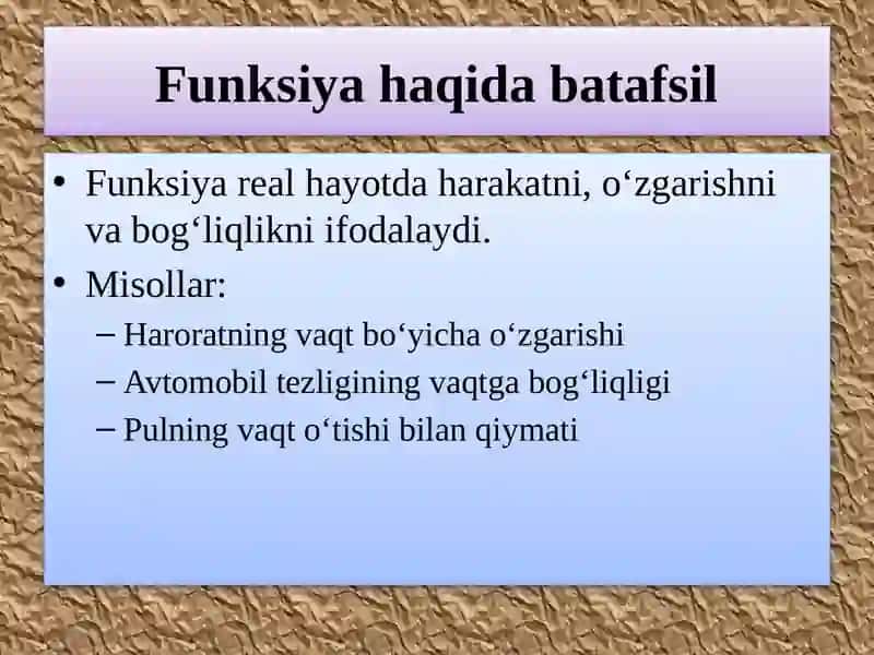 Mavzu:Funksiya tushunchasi va uning berilish usullari. Chiziqli funksiya haqida tushuncha va uning xossalari. 4