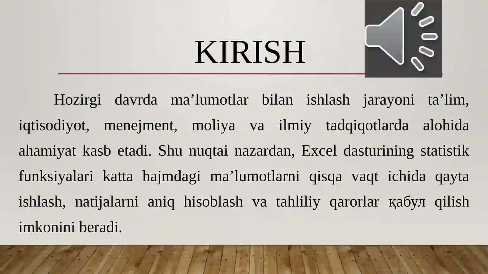 Nozimova Nigoraxonning Axborot texnologiyalari fanidan tayyorlagan TAQDIMOTI: EXCEL DASTURI DA STATISTIK FUNKSIYALAR BILAN ISHLASH 4