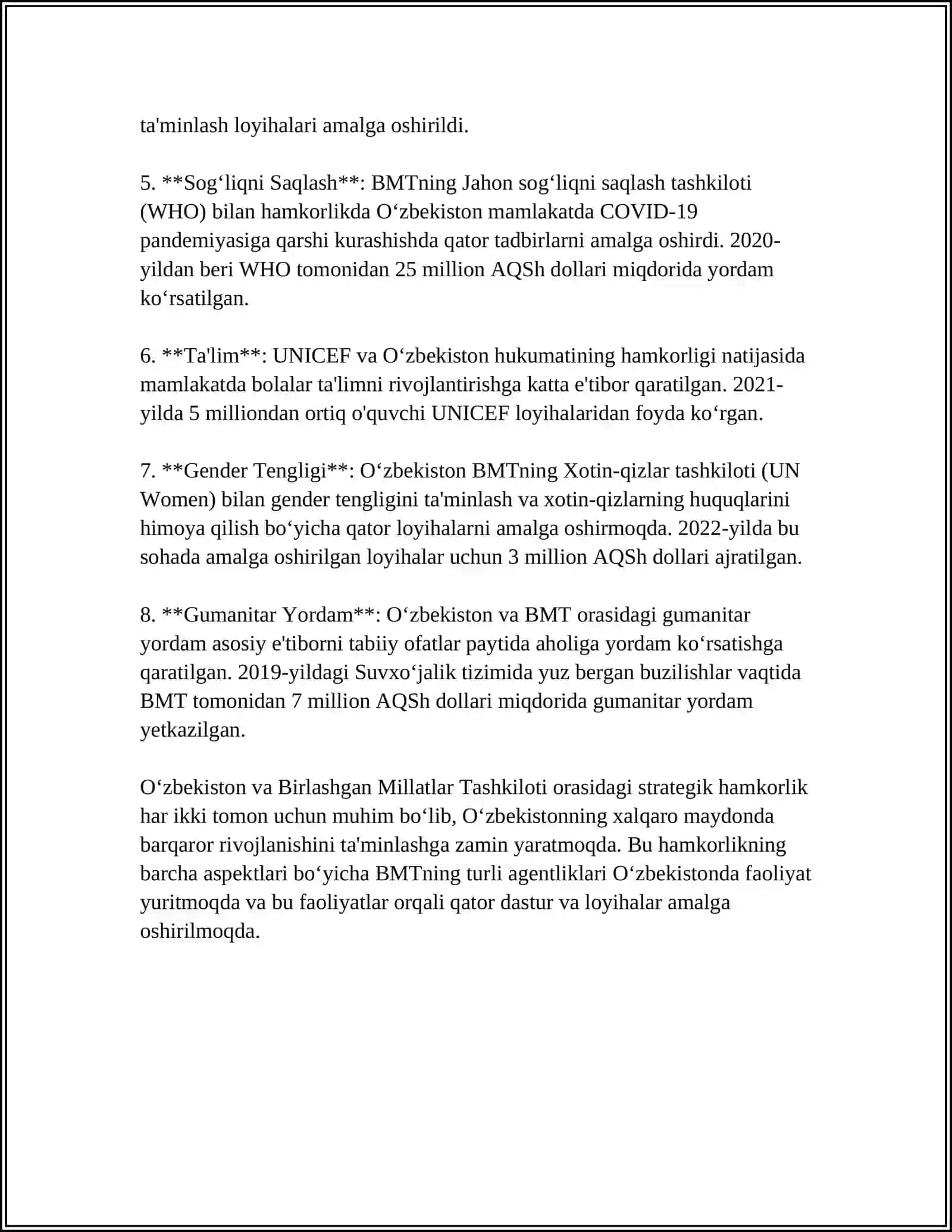 O'ZBEKISTONNING XALQARO TASHKILOTLAR BILAN HAMKOPLIK ALOQALARI 4