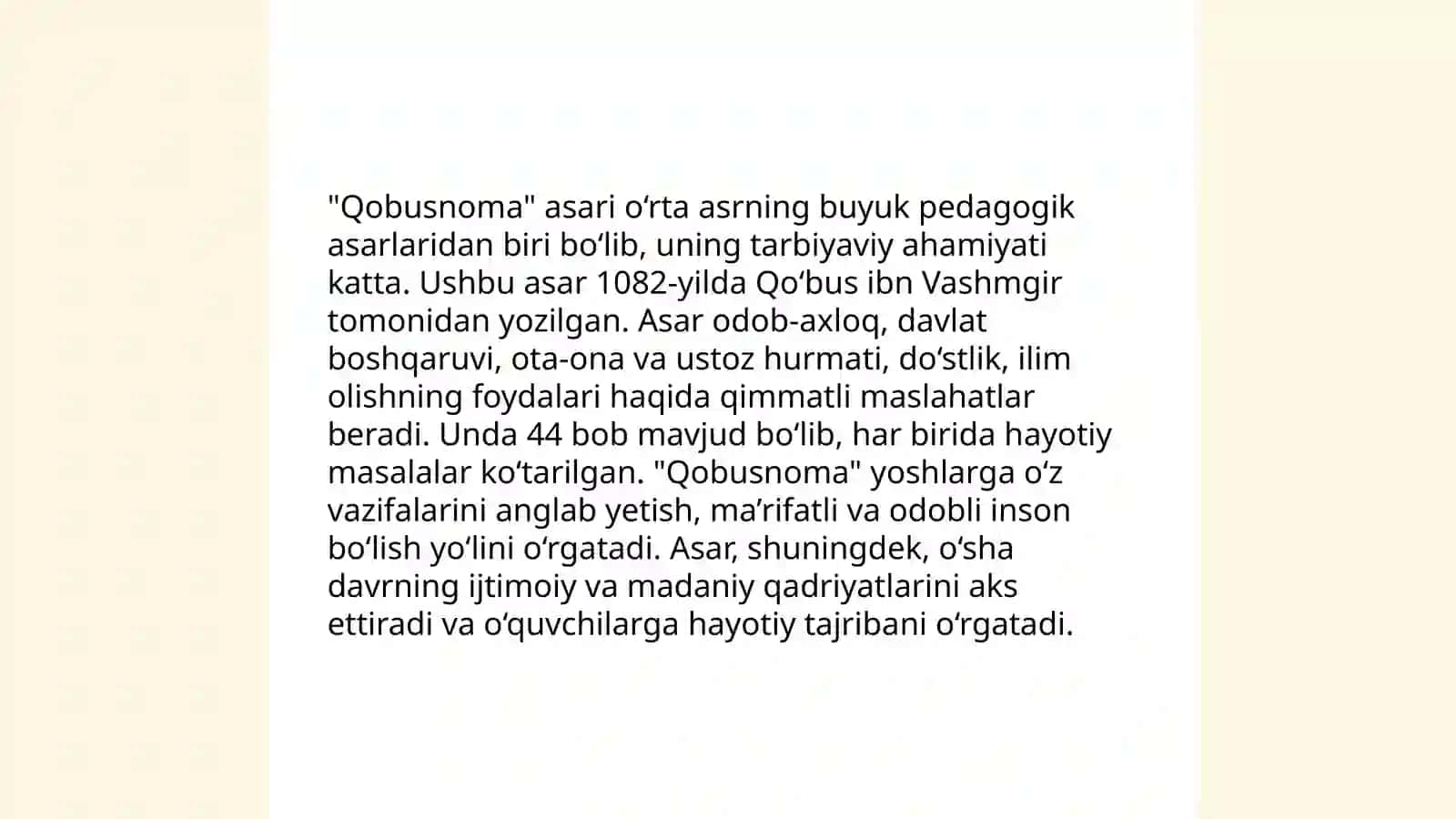 Kaykovusning "Qobusnoma", Nizomulmulkning "Siyosatnoma" asarlari tahlili 4