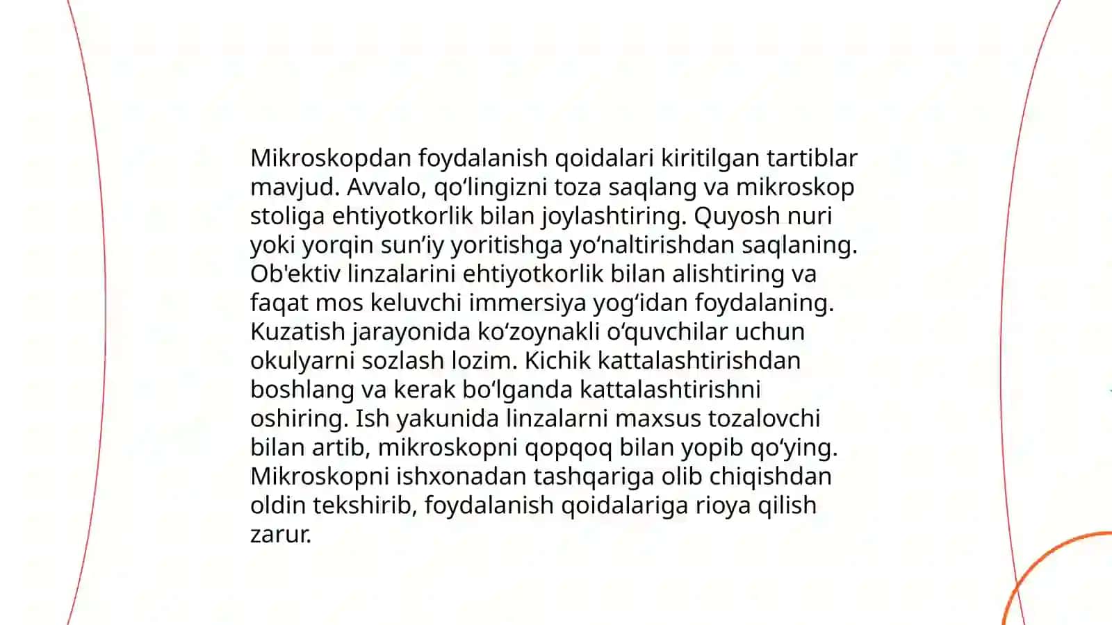 Mikroskop.Mikroskop bilan ishlash qoidasi.Vaqtinchalik pereparatlar tayyorlash.Viruslar.pro-eukariot hujayralar ularning òziga xos umumiy tuzulishi va farqlari.Eukariot hujayralarning ultrastrukturaviy tuzulishi.Hujayra membranasi uning nozik tuzulishi va hujayraga moddalarning kirishi 4