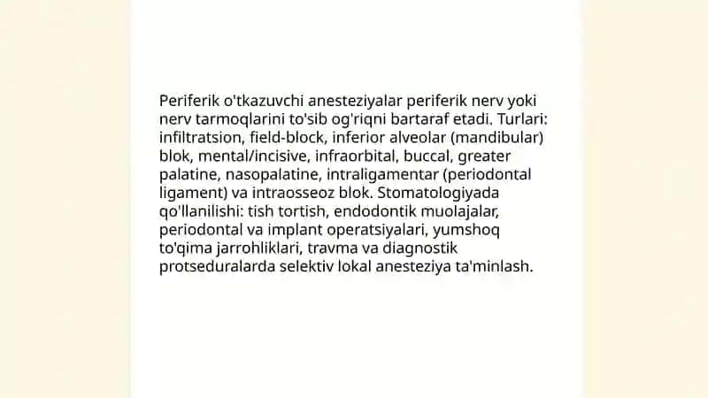Stomatologiyada ogriksizlantirish usullari - markaziy va pereferik o'tkazuchi anesteziyalar 4