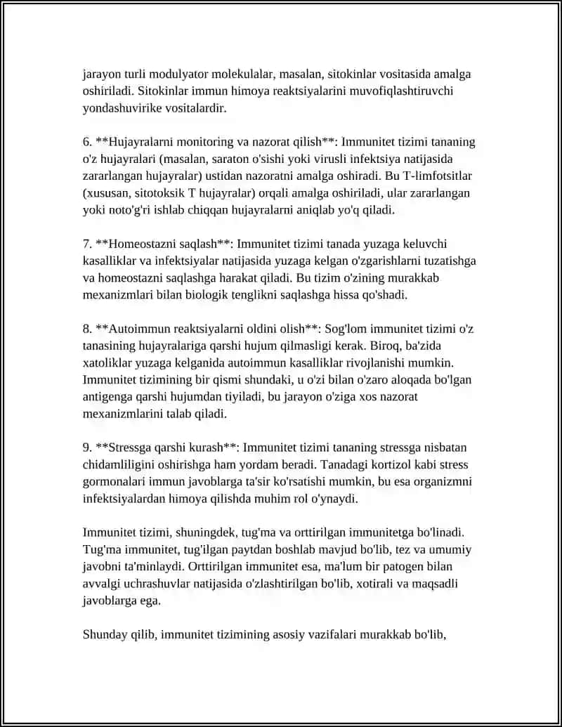 MUSTAQIL ISH Mavzu: INFEKSIYAGA QARSHI IMMUNE JAVOBINING FIZIK JIHATLARINI TAHLIL QILISH 4
