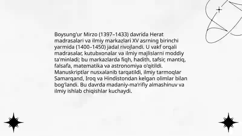Boysung'ur Mirzo va temuriylar davrida ilm-fan va taraqqiyot 4