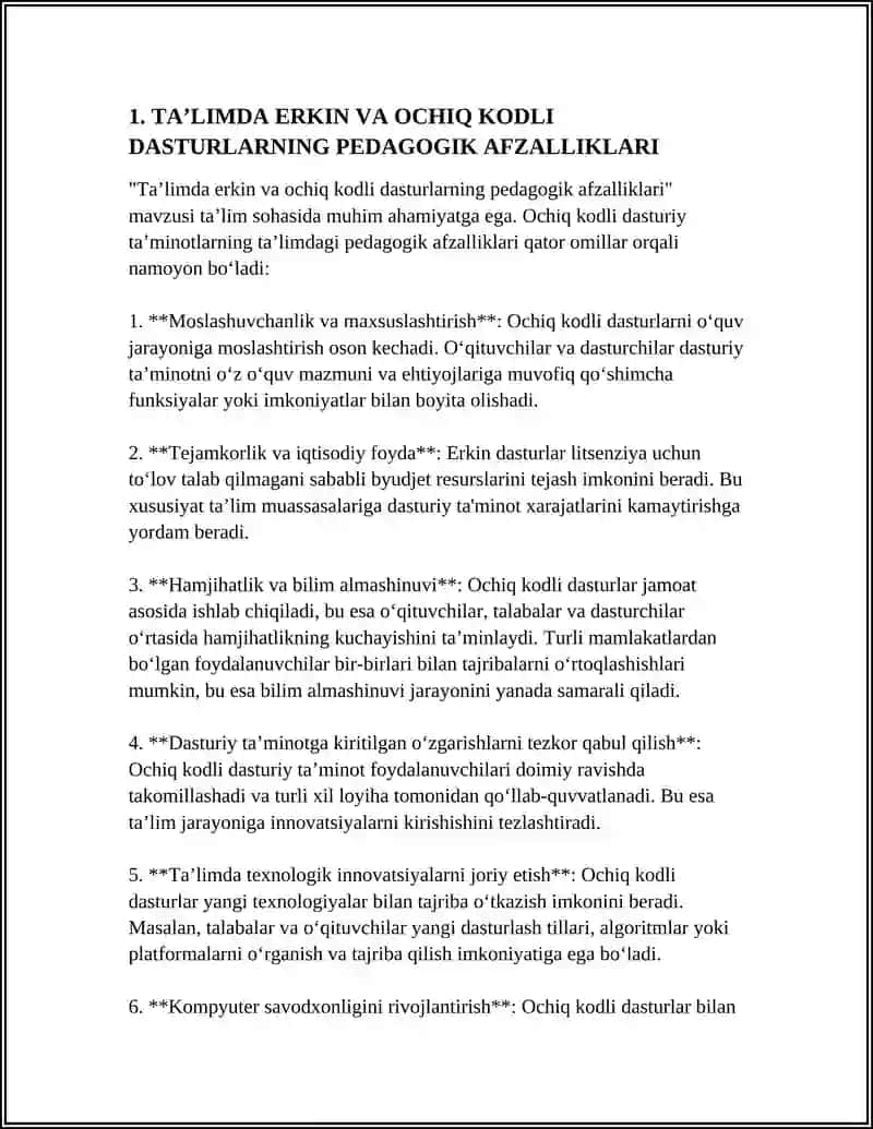 TAʼLIMDA ERKIN VA OCHIQ KODLI DASTURLARNING PEDAGOGIK AFZALLIKLARI 4
