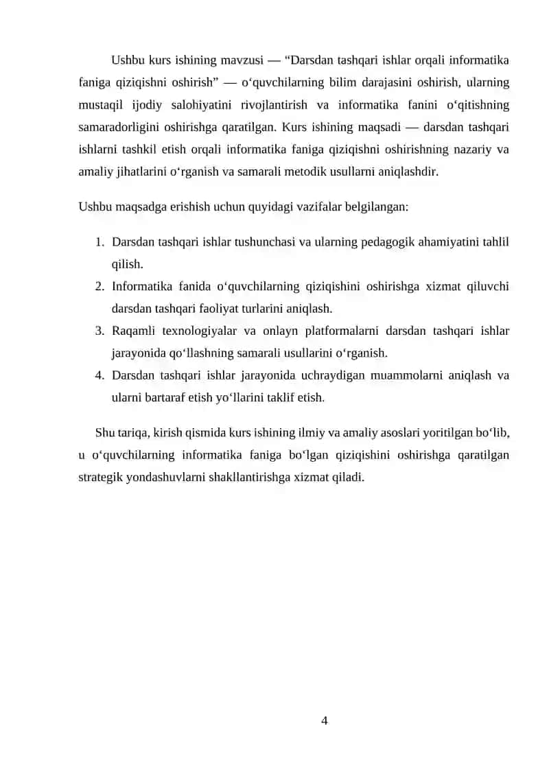 KURS ISHI: “Darsdan tashqari ishlar orqali informatika faniga qiziqishni oshirish” 4
