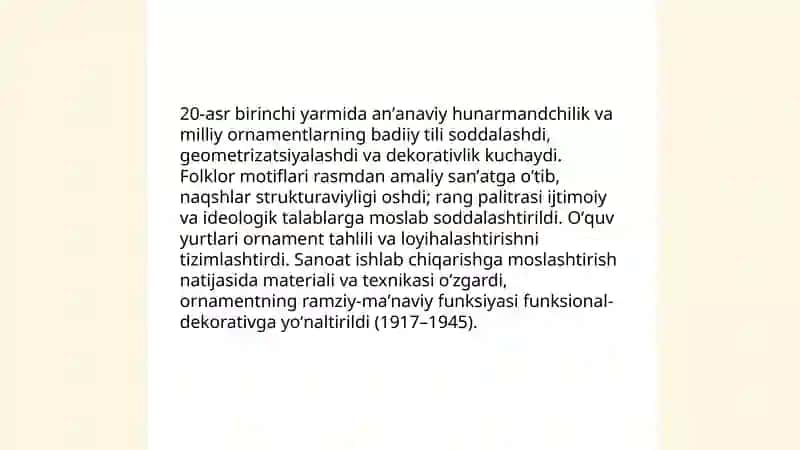 20 asr birinchi yarmida oʻzbek tasviriy sanʼatida sodir boʻlgan ozgarishlar 4