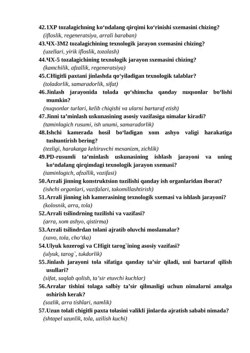 "Paxtani dastlabki ishlash texnologiyasi va jihozlari" fanidan YADA bo‘yicha savollar to‘plami 4