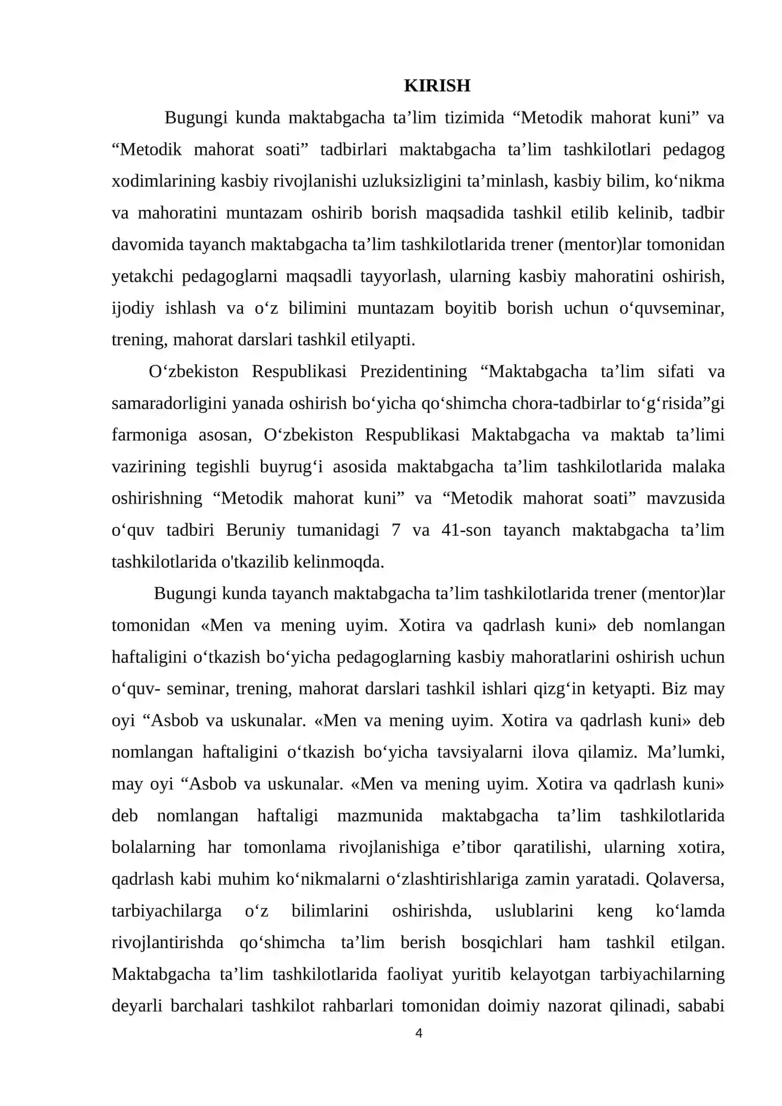 “Maktabgacha ta’lim tashkilotlarida metodik mahorat kuni va metodik mahorat soatlarini tashkil etishda xalqaro tajriba va innovatsion usullardan foydalanish” mavzusidagi Malaka ishi 4