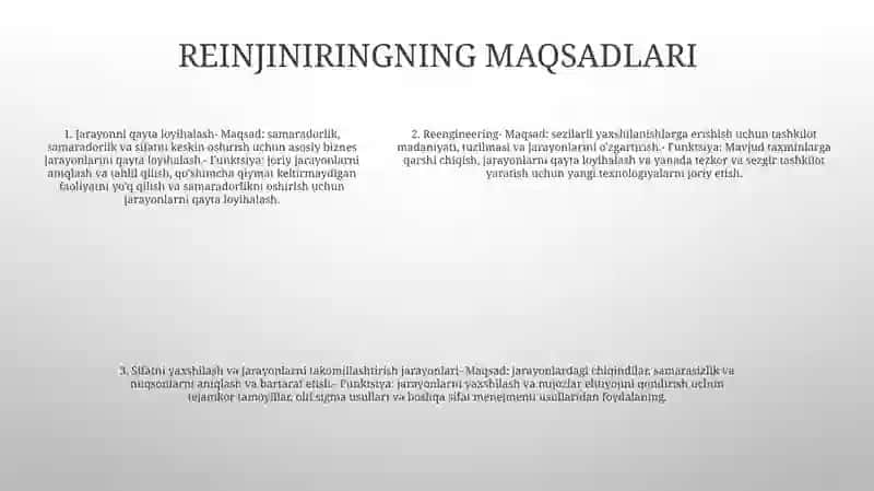 Reinjiniring, Uni Qo‘Llash Va Amalga Oshirish Jarayonlari, Maqsadi Va Vazifalari 4