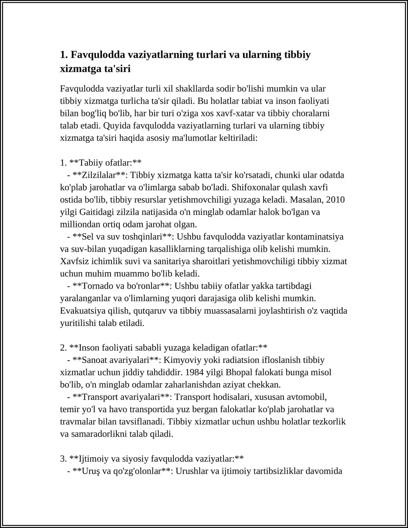 RESPUBLIKADA XALOKATLAR TIBBIY XIZMATINING TASHKIL ETILISHI VA UNING ASOSIY VAZIFALARI.JABRLANGANLARGA BIRLAMCHI TIBBIY YORDAM KOʻRSATISH 4