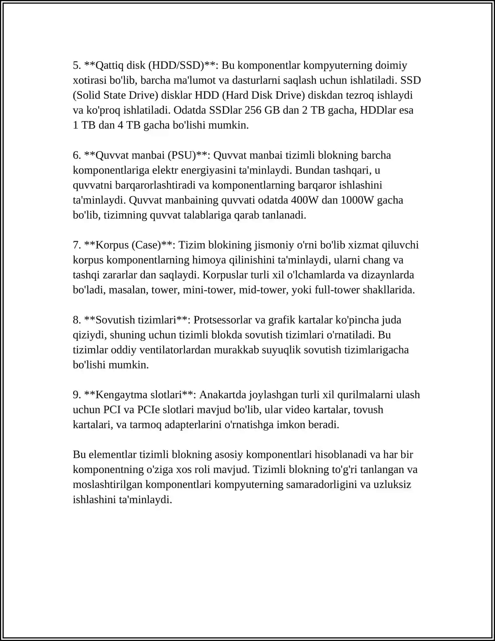 TIZIMLI BLOK VA UNING TARKIBIY ELEMENTLARI PROTSESSOR, SOPROTSSESOR,XOTIRA 4