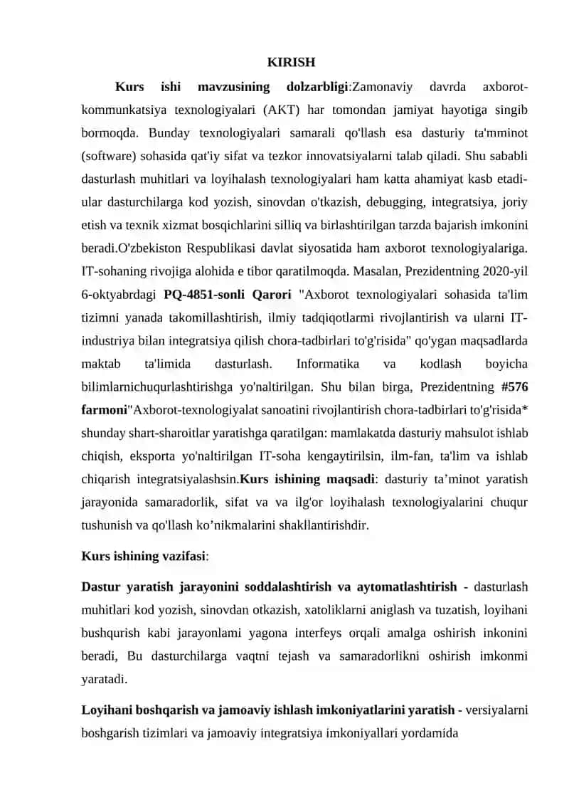 DASTURLASH MUHITLARI VA LOYIHALASH TEXNALOGIYALARI 4